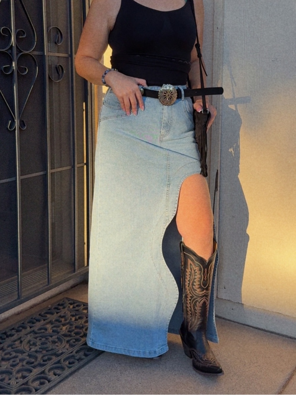 Cowgirl Light Wash Denim Maxi Skirt with Sculpted Side Slit